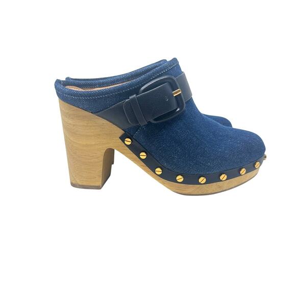 Veronica‎ Beard Dacey Denim Clogs Heels Studded Buckle Wood Blue Size 6 - Picture 6 of 13